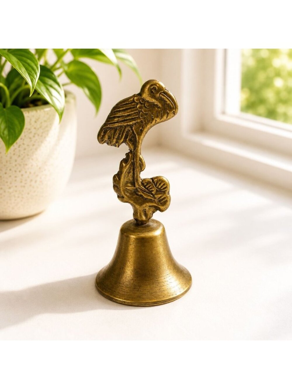 Vintage Brass Hand Bell With Bird Handle Ornate Design 4 Inches Tall Collectible